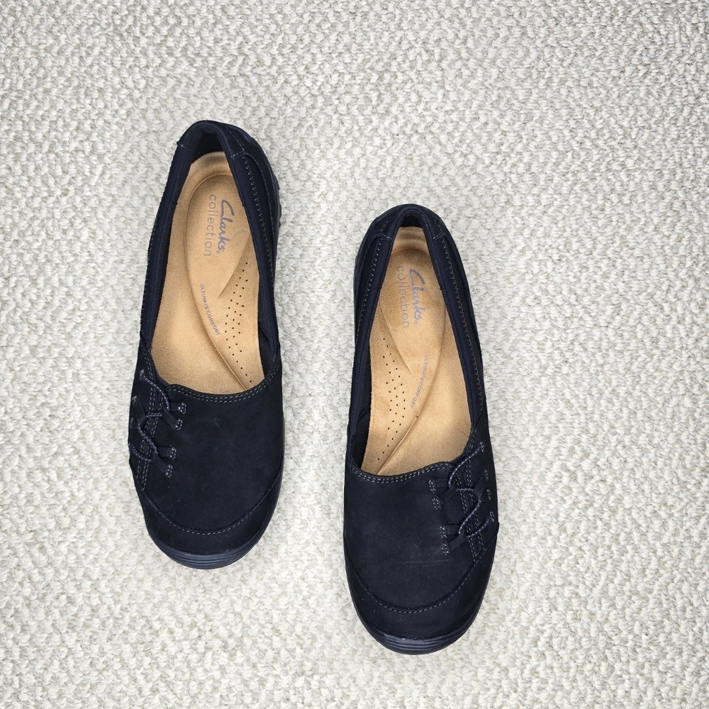 Clarks Fiana Eas Women's Black Nubuck Leather Flats Loafers 8.5 Wide NWOT